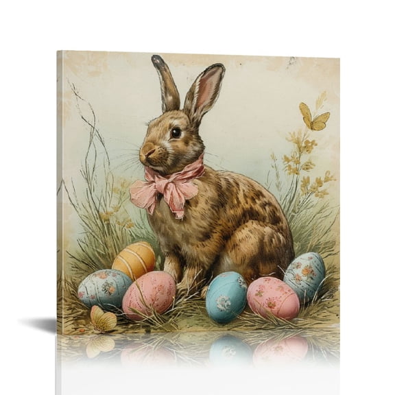 Vintage Easter Bunny Eggs Print Wall Art, Lovely Rabbit Picture Posters Wrapped Canvas Wall Decor Artwork Painting for Bedroom, Living Room,Bathroom, Office Classic Home Decor Easter Gifts