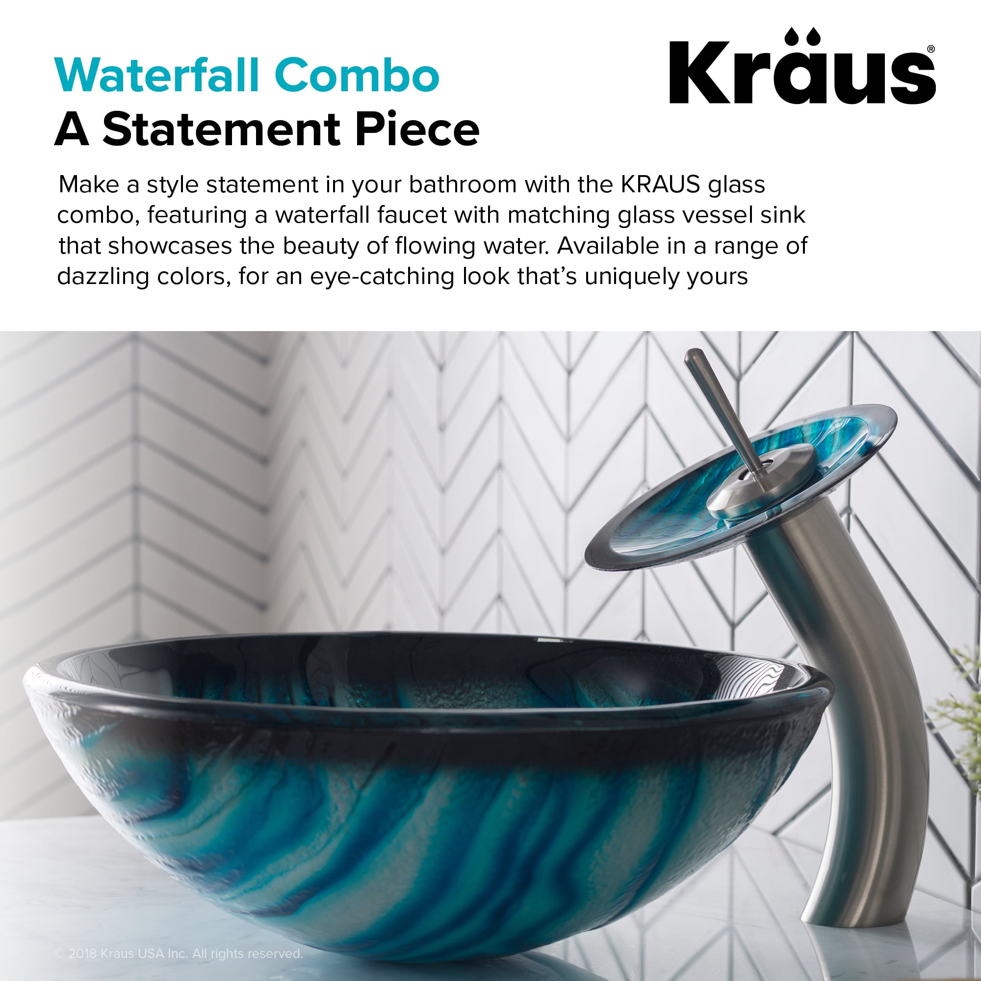 AUS Nature Series Blue Glass Bathroom Vessel Sink and Waterfall Faucet Combo Set with Matching Disk and Pop-Up Drain, Satin Nickel Finish