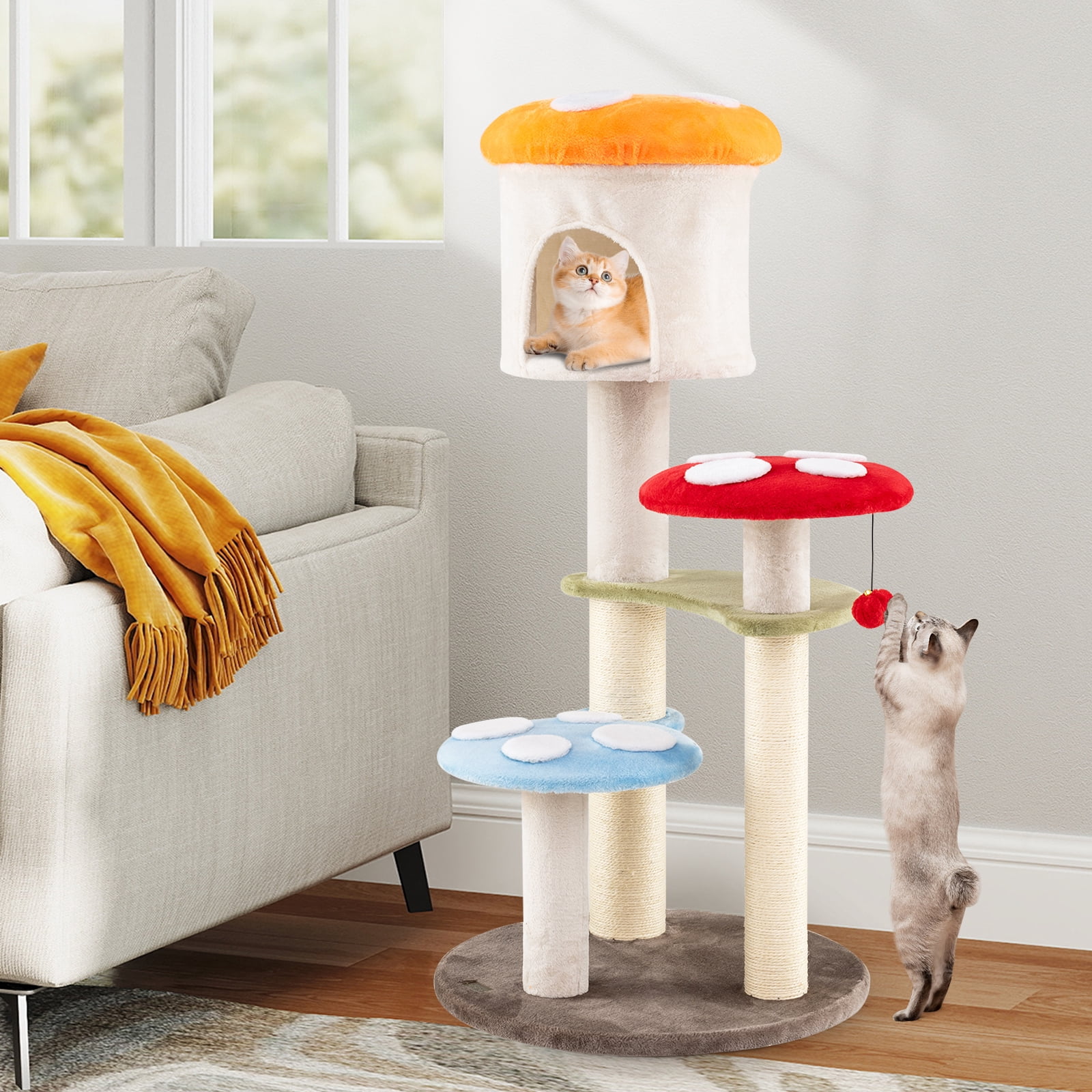 Gymax Cute Mushroom Cat Tree 48'' Tall Cat Tower w/ Sisal Scratching Posts Top Condo