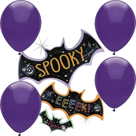 42" Halloween Spooky Pastel Bat Trio Holographic Balloon with 4 Latex Balloons – Medium Shape Party Decoration Set