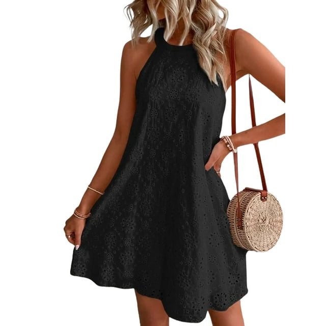 Fashnice Robe Mini pour Femmes Col Halter Robes Courtes Sans Manches Robe d'Été de Plage Décontractée Voyage Noir P