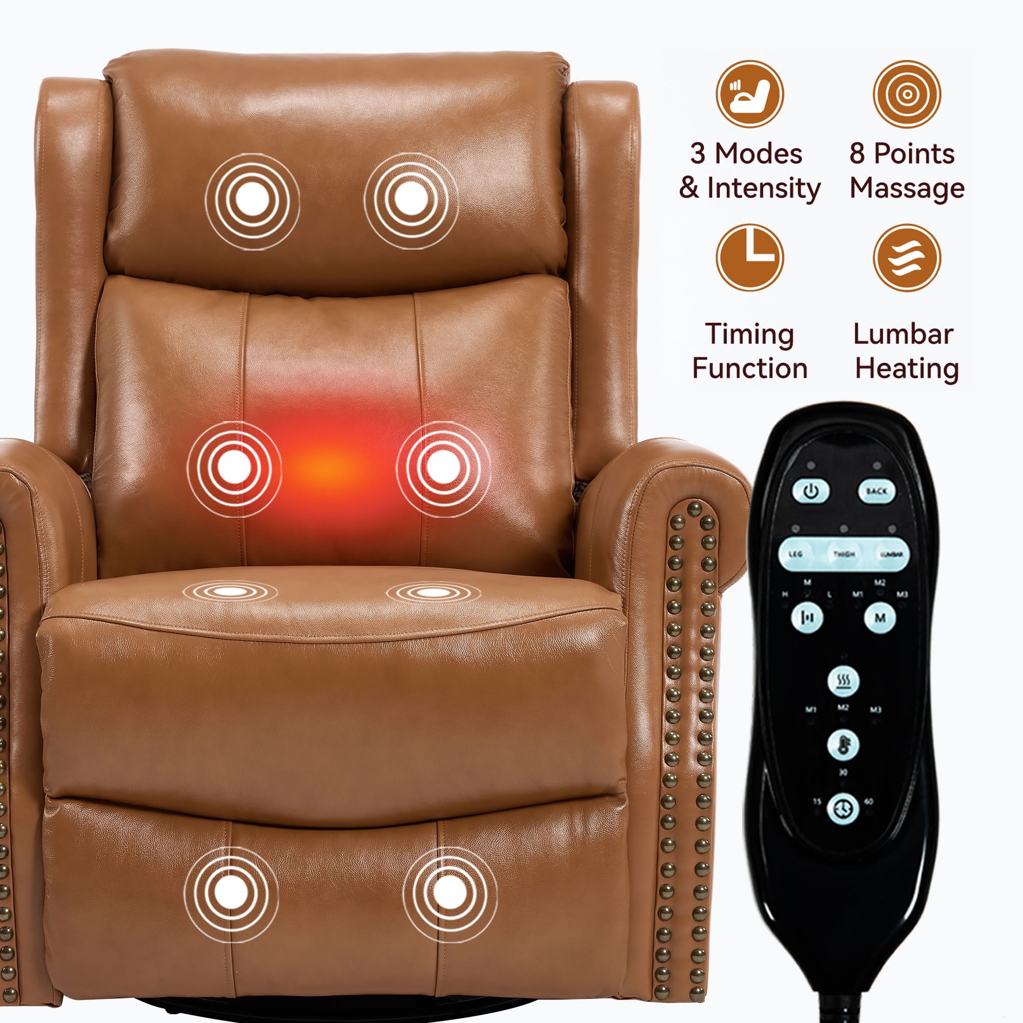 MAYEERTY 360 Degree Swivel Rocker Recliner Chair, Genuine Leather Manual Recline Glider Armchair with 8-Point Vibration Massage & Lumbar Heat, for Living Room Home Theater
