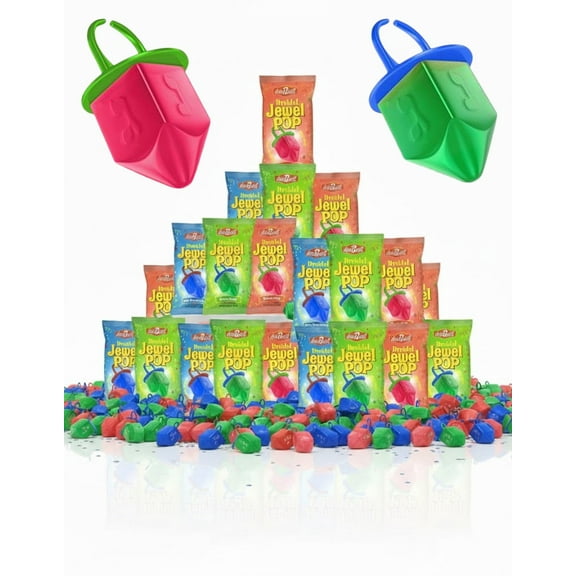 Hanukkah Dreidel Jewel Ring Pops Candy, Kosher Certified, 18-Count Variety Pack, Blue Raspberry, Green Apple, Strawberry Flavors, Hanukkah Party Favors, Individual Wrapped