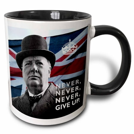 

3dRose Winston Churchill- Never Give Up Quotation over Union Jack Background - Two Tone Black Mug 11-ounce