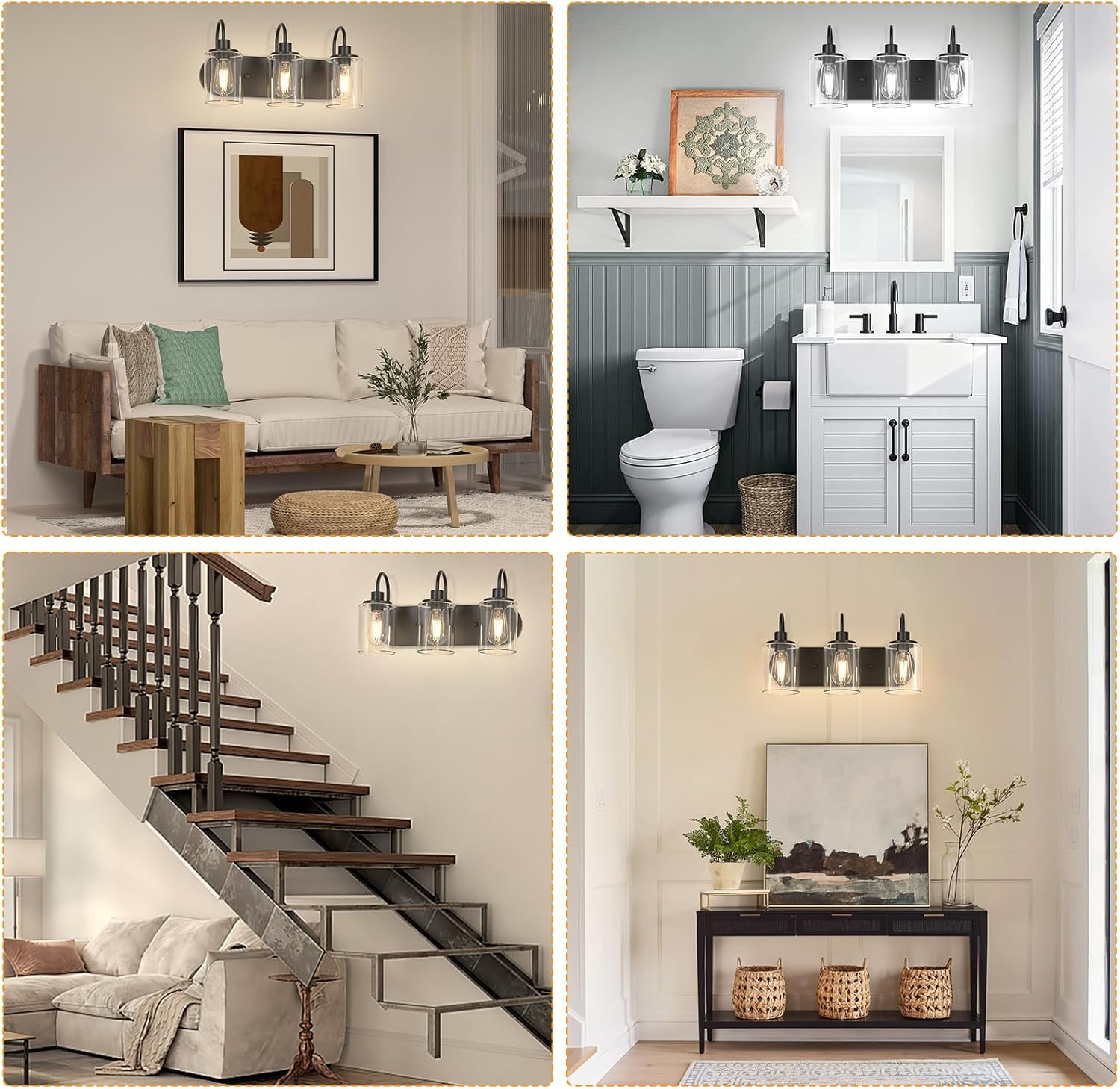 Bathroom Vanity Light 3 Lights Black Vanity Lighting Fixture over Mirror Light with Clear Glass Shades for Hallway, Kitchen, Living Room, Bedroom