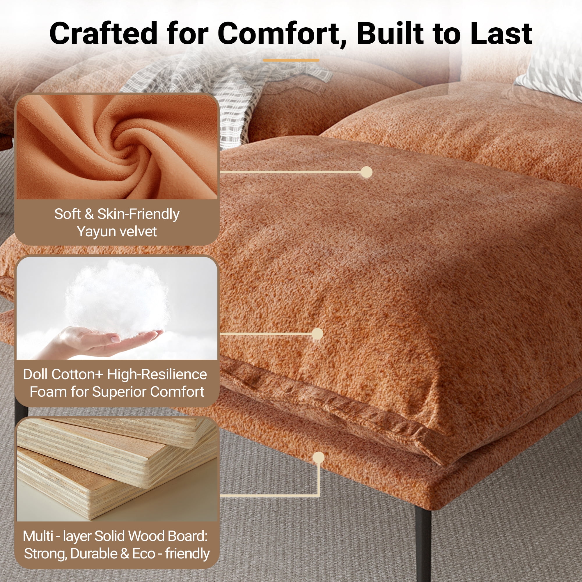 Magic Home Sectional Sofa with High Sofa Legs L-Shaped Couch Sofa Velvet Orange Couches 3 Seat Sofa U-shaped Sectional Couch, Living Room Furniture Set for Home Apartment Office Studio