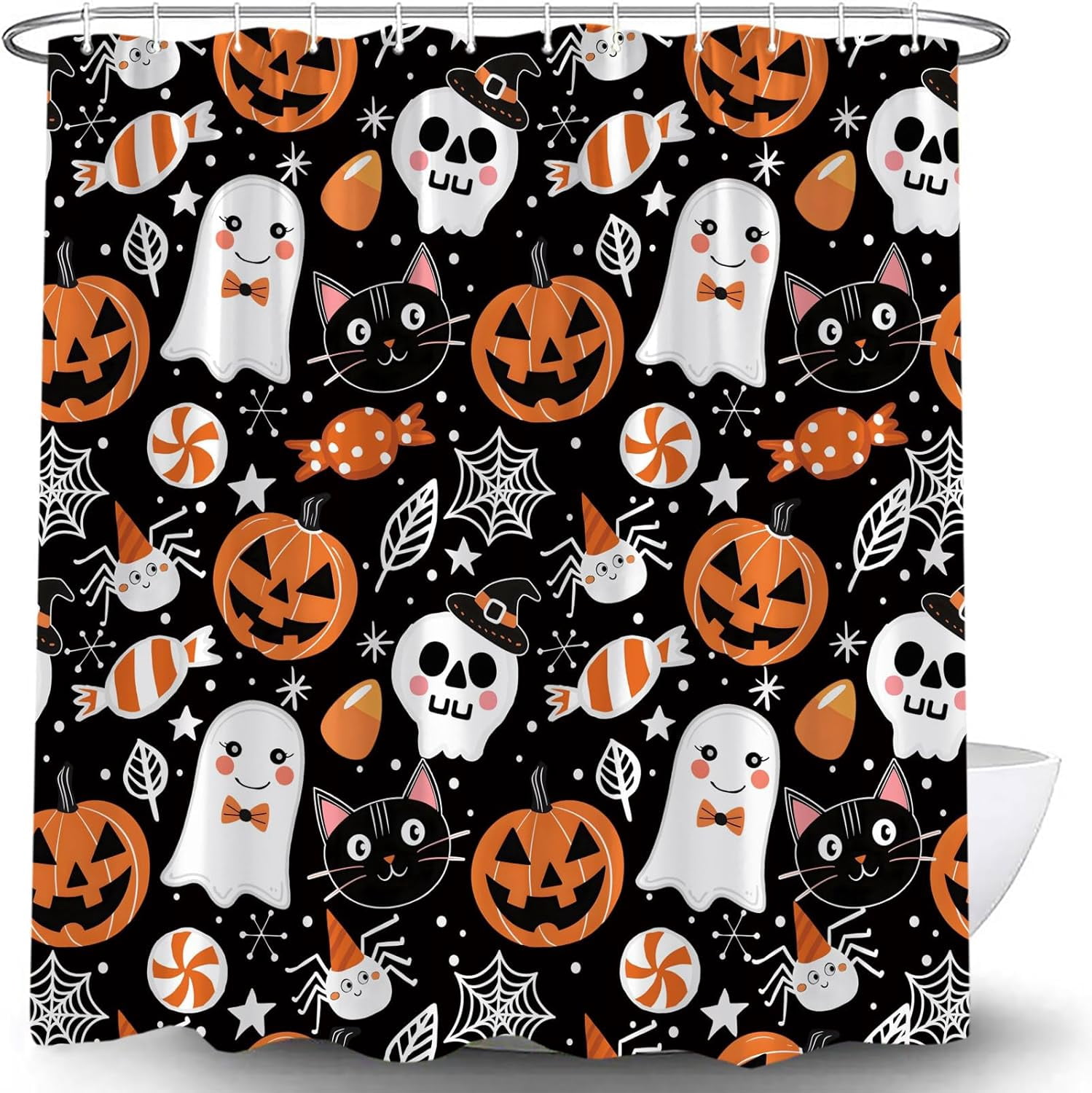 Happy Halloween Shower Curtain Cute Cartoon Pumpkin Spooky Ghost Orange Pumpkin Head Icons Funny Black Cat Spider‘s Web Skull Skeleton Witch Hat Fabric Bath Curtain Set with Hook
