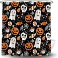 thumbnail image 2 of Happy Halloween Shower Curtain Cute Cartoon Pumpkin Spooky Ghost Orange Pumpkin Head Icons Funny Black Cat Spider‘s Web Skull Skeleton Witch Hat Fabric Bath Curtain Set with Hook, 2 of 5