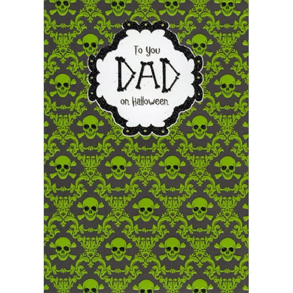 Designer Greetings Repeated Green Skulls and Crossbones Halloween Card for Dad