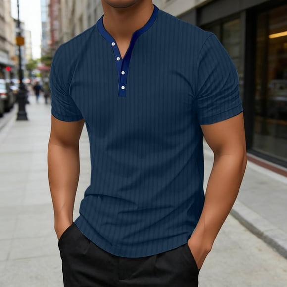 Mens Tee Shirts Short Sleeve Crewneck Henley Shirts Lightweight Navy T Shirt with Button Men's Clothing