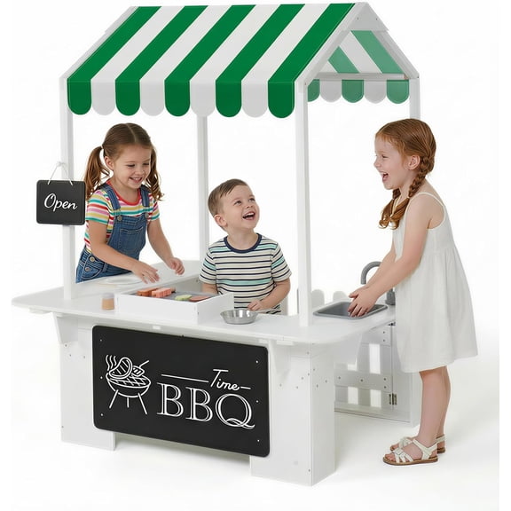 Outdoor Mud Kitchen with BBQ Toys, Kids Playhouse Role Play Set for Toddlers Ages 3-8, White, Backyard Kitchen with Grill, Stove & Accessories for Boys & Girls