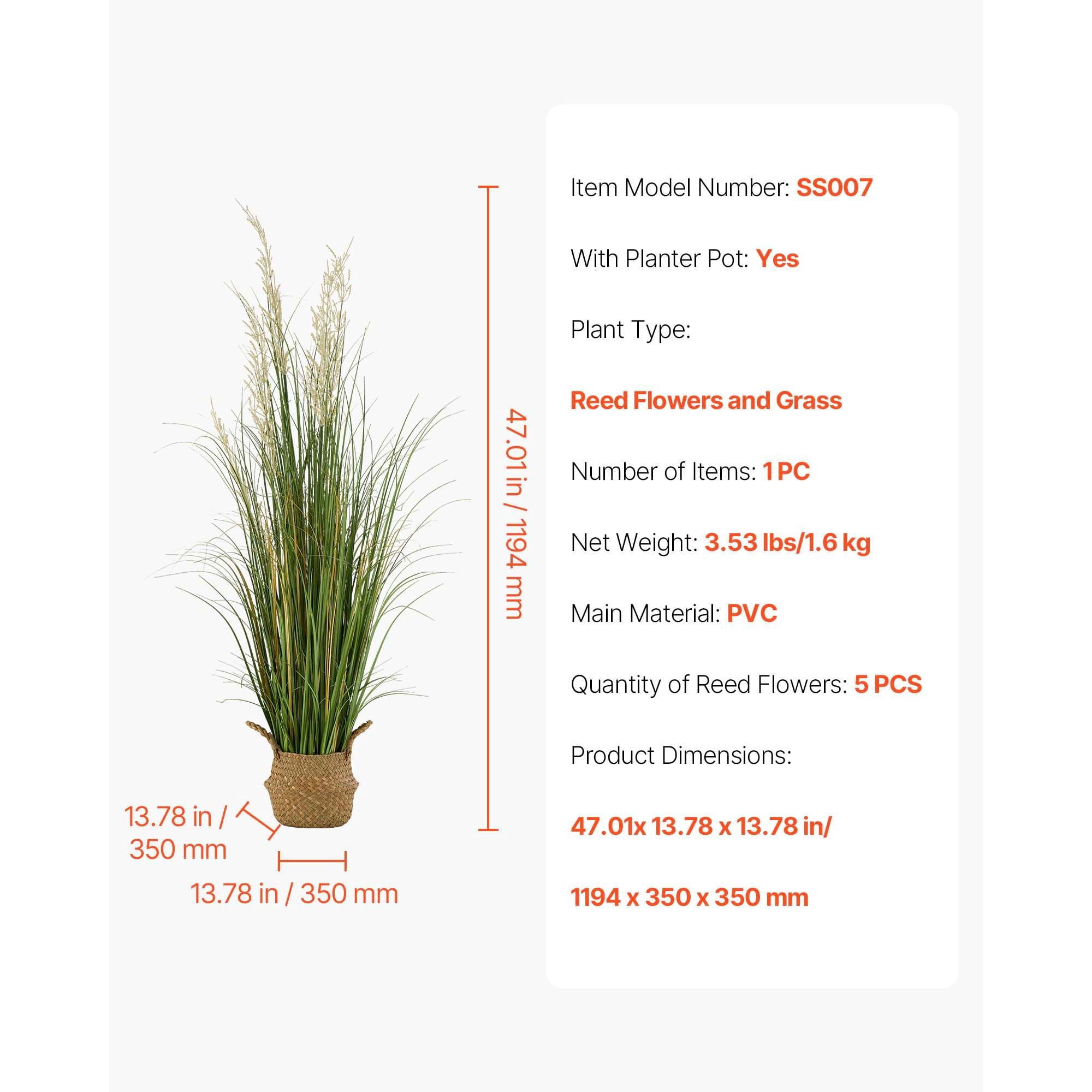 1-Pack Artificial Reed Flowers with Basket, 4 ft Tall, PVC Leaves, Lifelike Design, No Assembly Required, for Home, Garden, Patio, Hotel & Office Decor