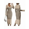 thumbnail image 3 of Women'S Striped V Neck Sweater Dress Long Sleeve Bodycon Midi Dresses Khaki L, 3 of 7