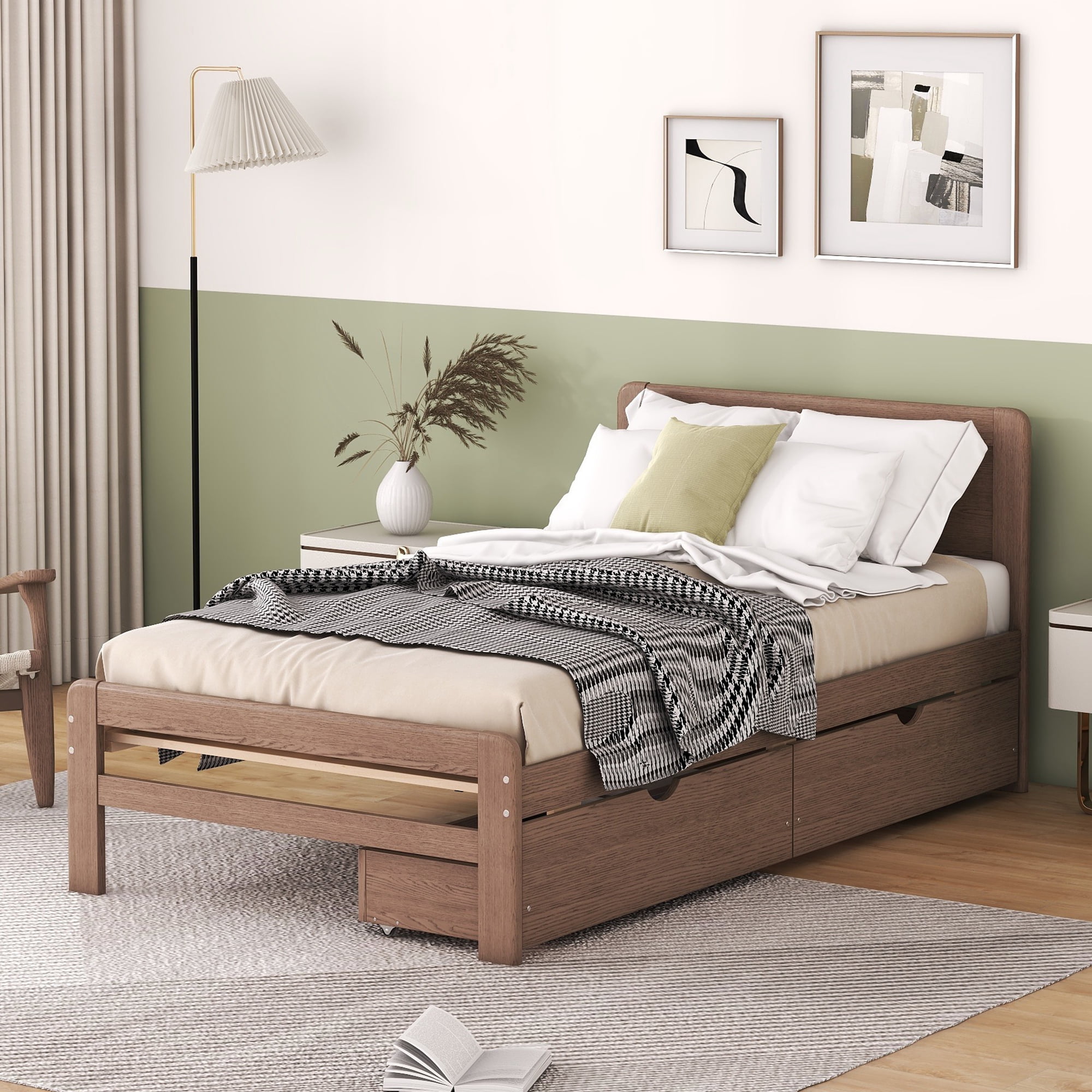 Aukfa Platform Bed with 2 Storage Drawers, Twin Bed Frame with Headboard for Kids, Wood - Walnut