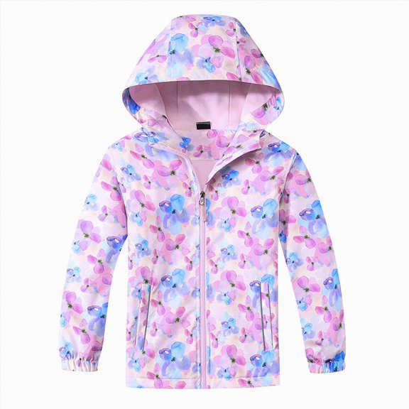 Linfrsh Lightweight Jacket for Girls Kids & Toddler II Girls' Print Water-resistant Jacket(Purple,3-4 Years)