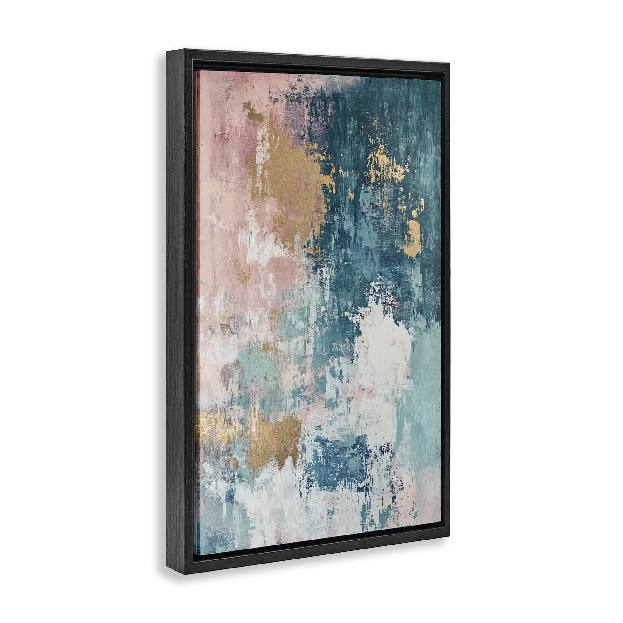 Stupell Industries Teal Green Gold Abstract Abstract Painting Black Floater Framed Canvas Art Print Wall Art, 21 x 31