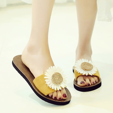 

Women Flock Beach Breathable Flowers Sandals Home Slipper Flip-Flops Flat Shoes