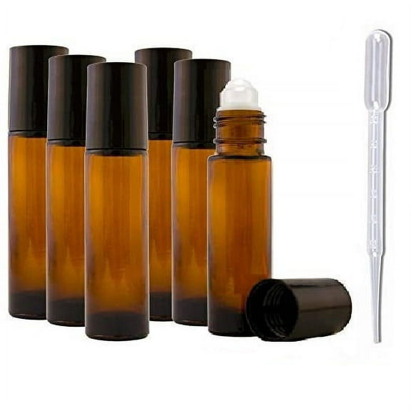 6 Pack - 10 ml (1/3 fl oz) Amber Roll On Bottles With Plastic Roller Balls (Pack of 6) - Including 1 FREE Plastic 3 ml Dropper - Greenhealth