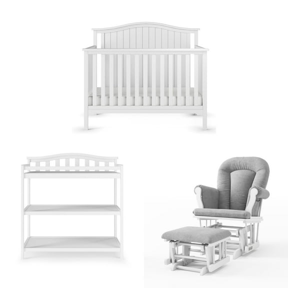 Child Craft Hampton Crib, Changing Table and Glider Nursery Set, 4-in-1 Convertible, Matte White, 3-Piece