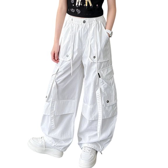 vdgthytj Girls Cargo Pants Fashion Baggy Wide Leg Drawstring Elastic Streetwear Fall Casual Outdoor Travel Trousers with Multi Pockets(14-15 Years,White)