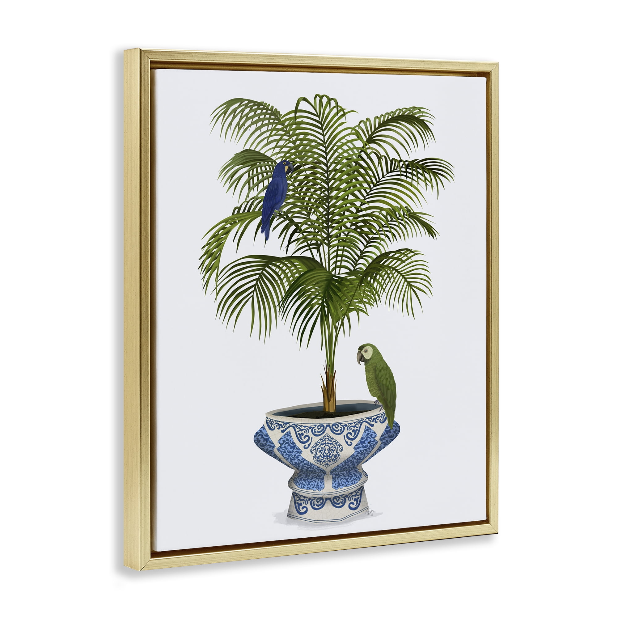 Stupell Industries Parrots on Ornate Planter Botanical & Floral Painting Gold Floater Framed Canvas Art Print Wall Art, 17 x 21