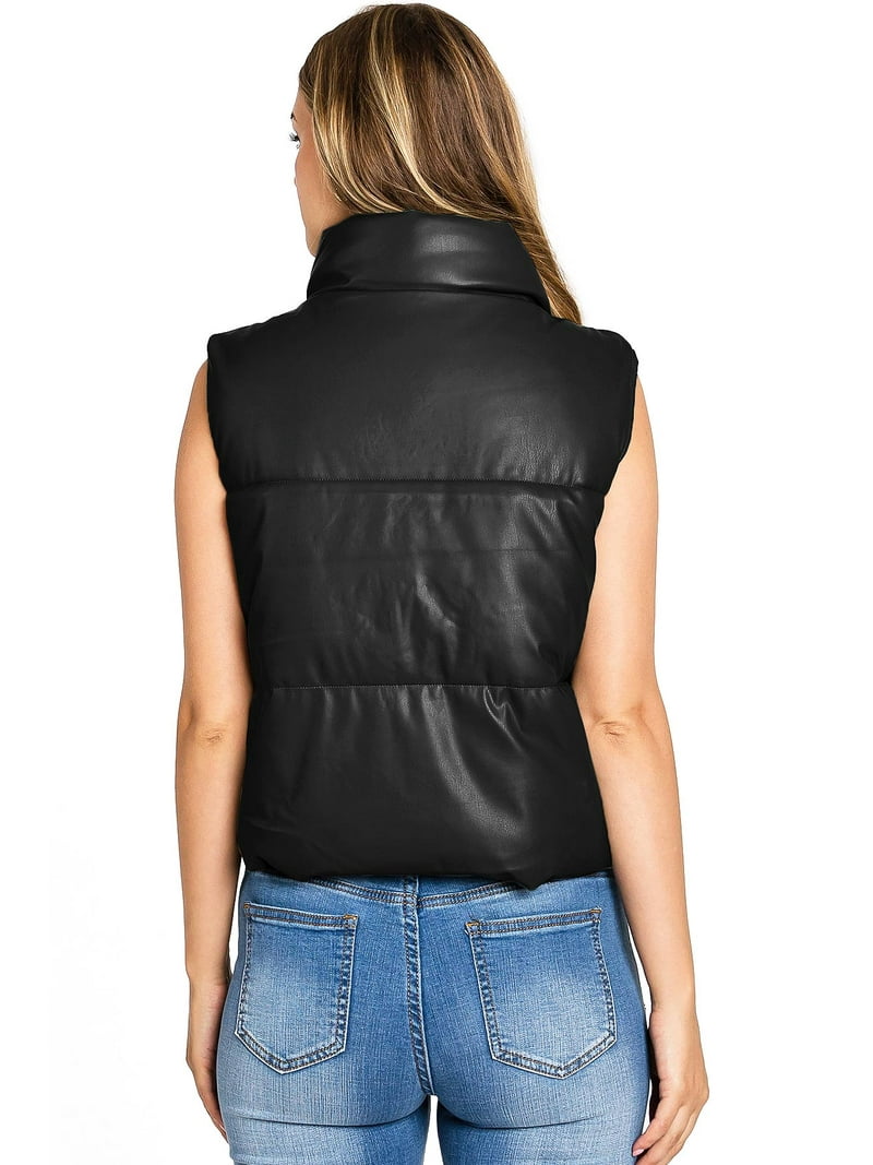 Love Tree Women's Juniors Faux Leather Puffer Vest (Black, Large