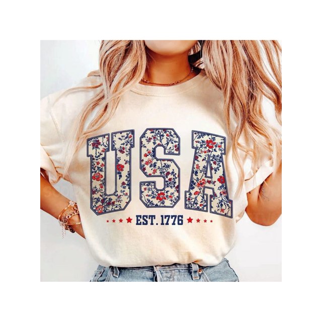 Floral USA Tee Shirt, Retro America 4th Of July TShirt, 4th Of July Sublimation Shirts, America Coquette Tees, Patriotic Girly