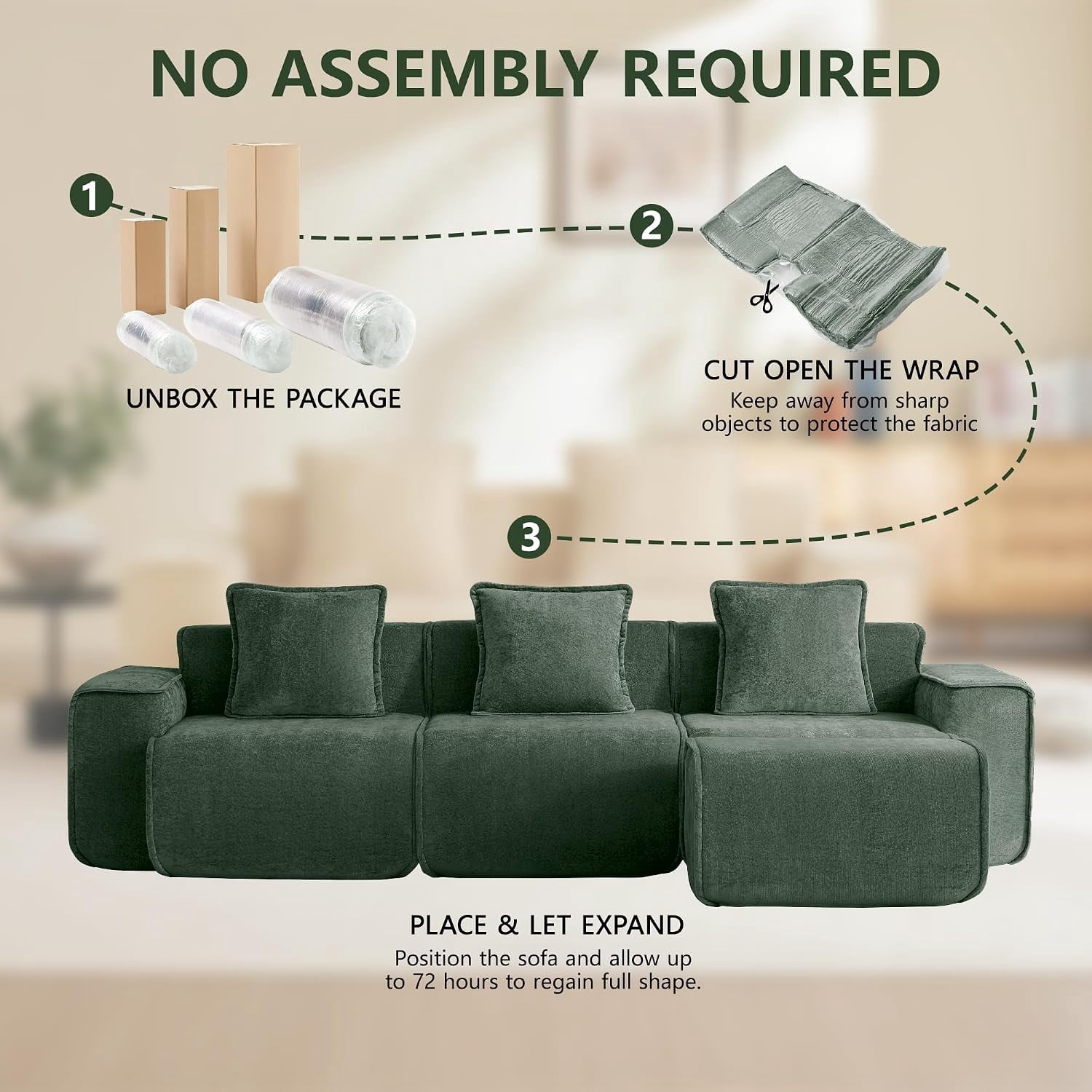 109" 3-Seat Modular U-Shaped Sectional Sofa, Green Velvet with 1 Movable Ottomans & Throw Pillows, No Assembly Required