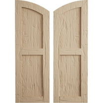 Ekena Millwork 18"W x 42"H (36" Low Side) Timberthane Hand Hewn Two Equal Flat Panel w/Elliptical Top Faux Wood Shutters (Per Pair), Primed Tan
