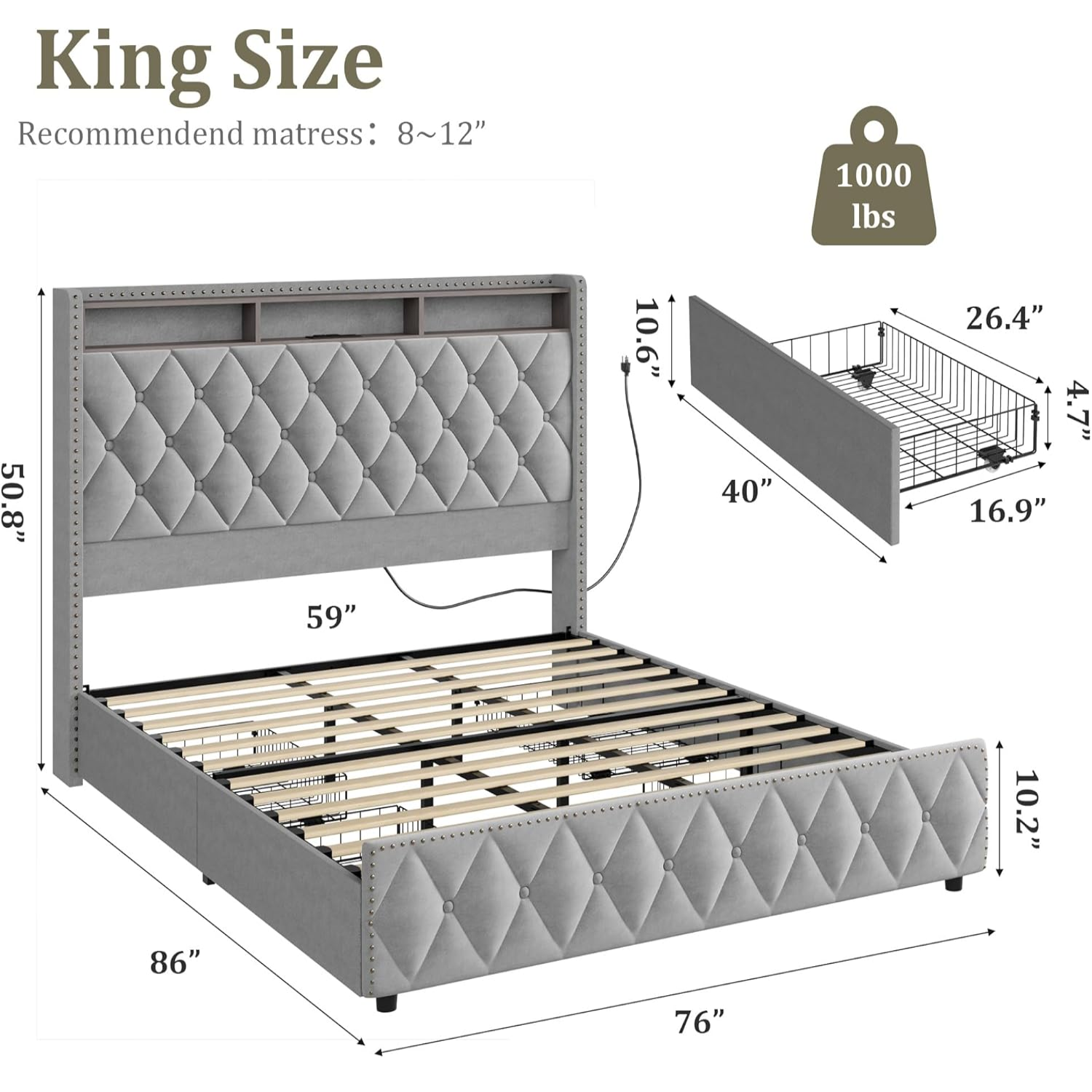Queen Size Bed Frame with 4 Storage Drawers&LED Lights Platform Velvet Upholstered Bed Frame with Charging Station and Storage Headboard, No Box Spring Needed, Easy Assembly