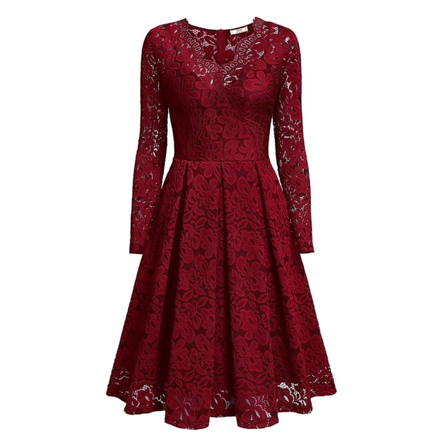 Laklulu Vestido de cóctel formal con escote en V y manga larga con encaje floral vintage para mujer, falda larga con temperamento, burdeos, XXXL