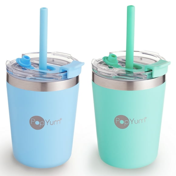 PopYum Set De 2 Vasos Térmicos Infantiles De Acero Inoxidable Anti Derrame Con Tapa Y Popote 9oz Azul y Verde POPYUM PKC04