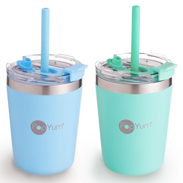 PopYum Set De 2 Vasos Térmicos Infantiles De Acero Inoxidable Anti Derrame Con Tapa Y Popote 9oz Azul y Verde POPYUM PKC04