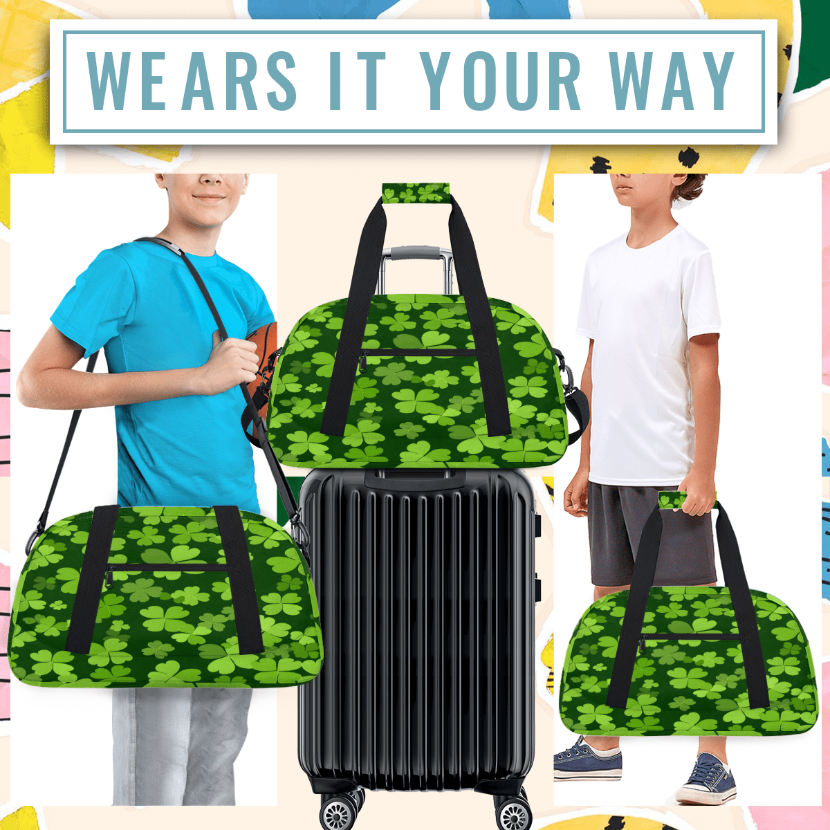 Herdesigns Green Clover Shamrock Sports Duffle Bag for Women & Men, St. Patrick's Day Gym Bag Dance Bag Overnight Bag Carry On Weekender Travel Bag