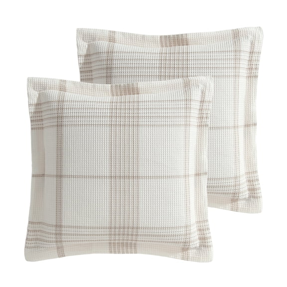 Levtex Home - Waffle Plaid Euro Sham Set - Two 26x26in Euro Shams - Cream/Taupe - Plaid Waffle - No Insert - Cotton