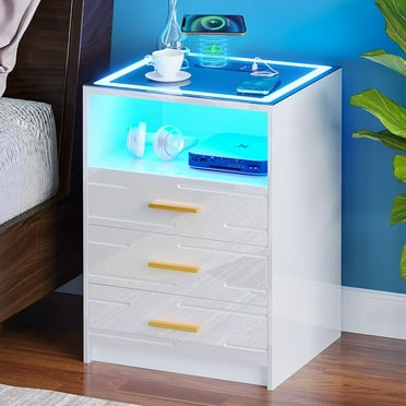 Auto Sensor Nightstand with Wireless Charging Station,High Gloss LED Bedside Table with 3-Color LED via Touch Screen,End Table with USB&Type-C Ports and 3 Drawer for Bedroom