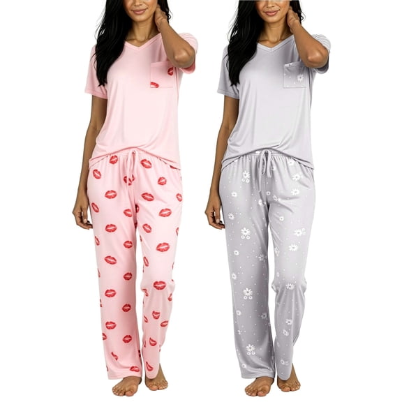Real Essentials 2 Pack: Women's Comfy Pajama Sets - Short Sleeve Ladies Loungewear Sleepwear PJs (Available In Plus)