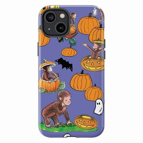 Curious Monkey Halloween Pumpkin Phone Case – Cute Ghost & Bat Design for iPhone 16 15 14 13 12 11 Pro Max Plus Mini
