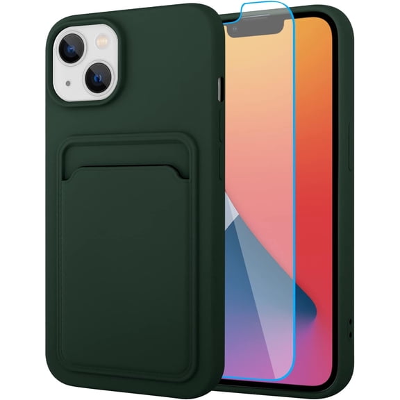 iPhone 14 Silicone Wallet Case, Camera Protection, Card Holder, Screen Protector - Green