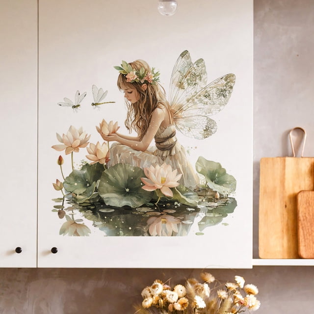 Adhesivos de pared de PVC con forma de estanque de hadas y flor de loto, 30 x 30 cm