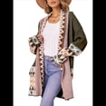 thumbnail image 3 of Cárdigan de Punto Extragrande de Larga con Estampado de Colores Contrastantes para Mujer. Marrón XL, 3 of 7