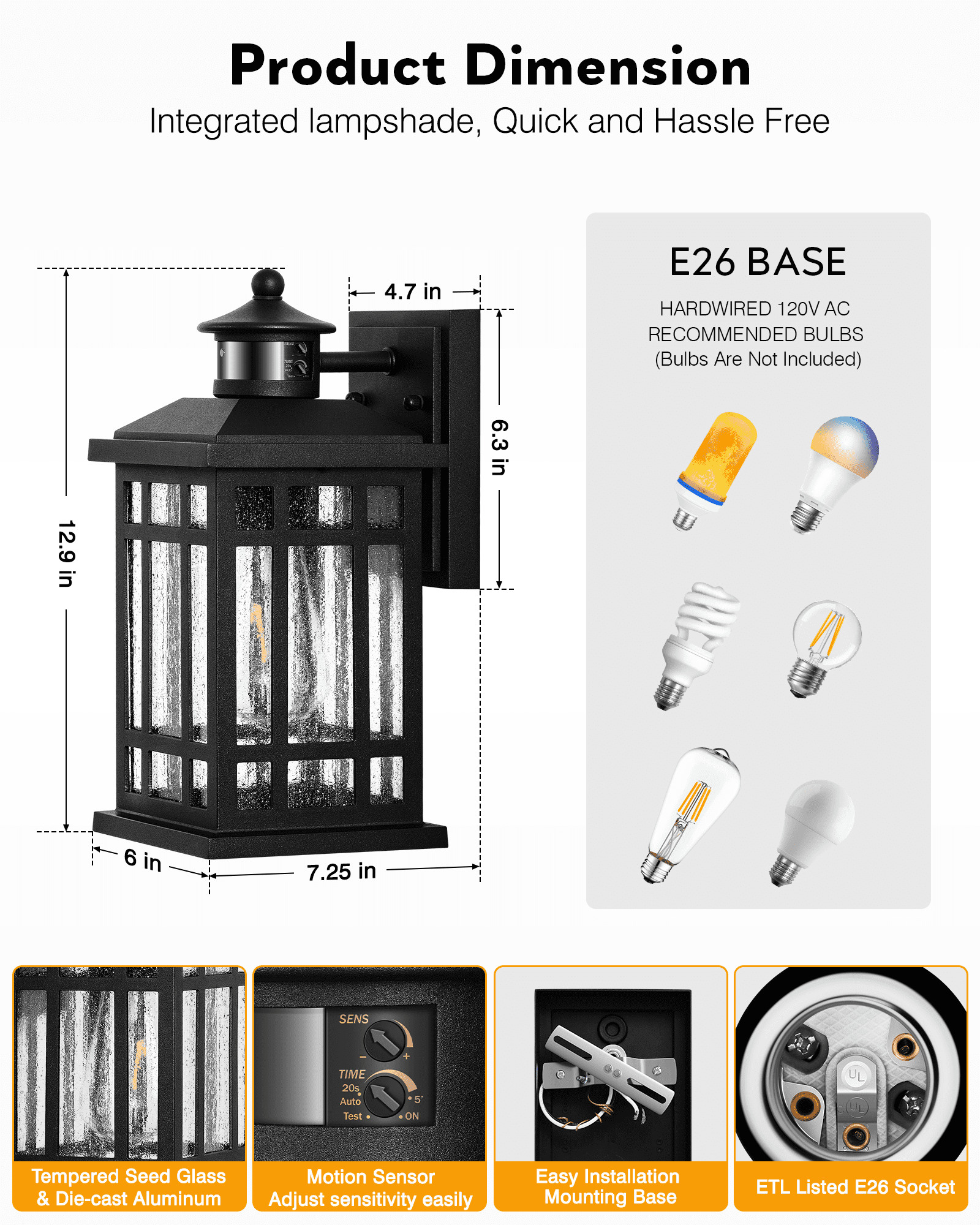 OPAXIS Motion Sensor Outdoor Wall Light, Adjustable Sensing Range Outside Lights for House, Black Dawn to Dusk Sconce Lights for Patio, Anti-Rust Waterproof Porch Lantern Wall Mount with Bubble Glass