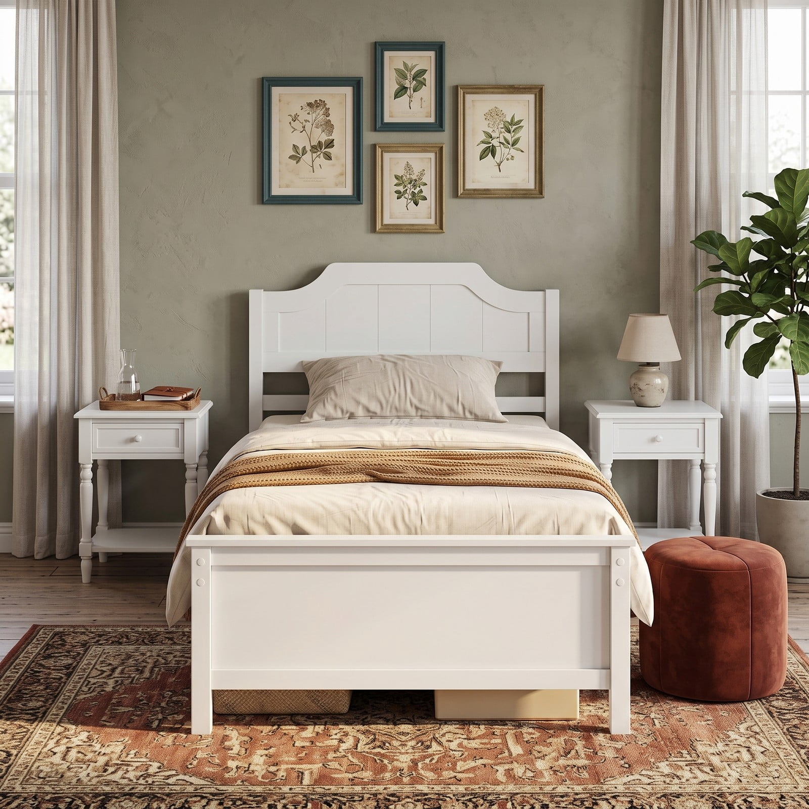 Furnibear Twin Bed Frame Solid Wood Platform Bed with Curved Headboard and Footboard, Wood Bed Frame with Headboard No Box Spring, White