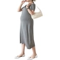 thumbnail image 4 of Robe Femme Enceinte Couleur Unie Col en V Manches Courtes Robe Midi Été Décontractée Robe de Maternité, 4 of 7