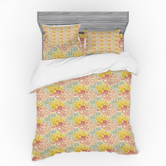 Floral Duvet Cover Set, Pastel Colorful Pattern with Abstract Flower Petals and Dots, Bedding Set with Shams and Fitted Sheet, 3 Sizes, by Ambesonne