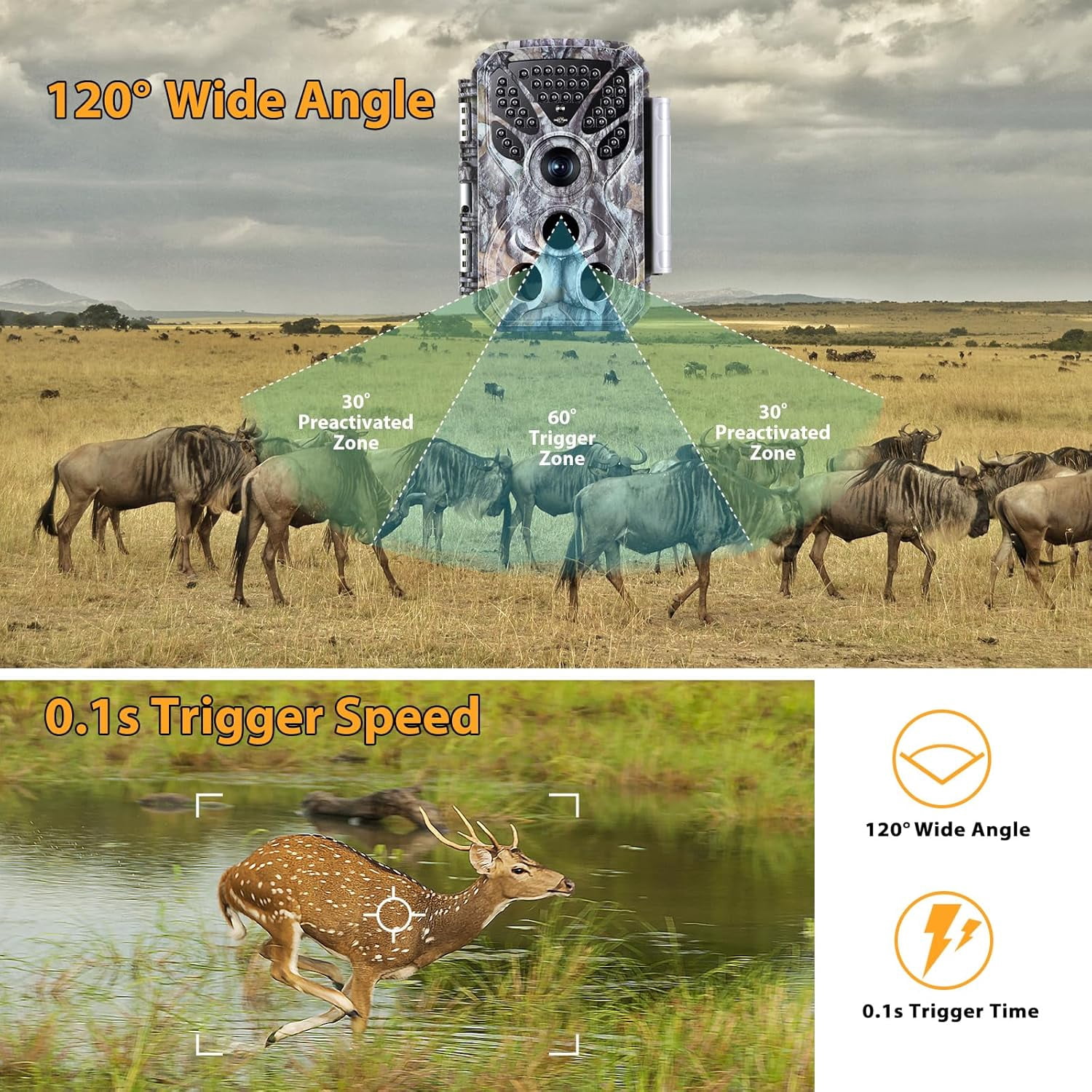 Trail Camera Game Hunting Cam 32MP 4K/2160P with Sound Recording for Wildlife, Yard, Home Security, No-Glowing Night Vision IP66 Waterproof 120° Wide Angle IR Detection Distance 100ft/30m