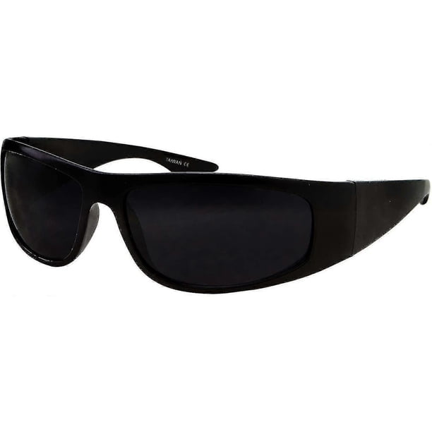 Super Dark Lens Black Sunglasses | Biker Style Rider | Wrap Around Frame