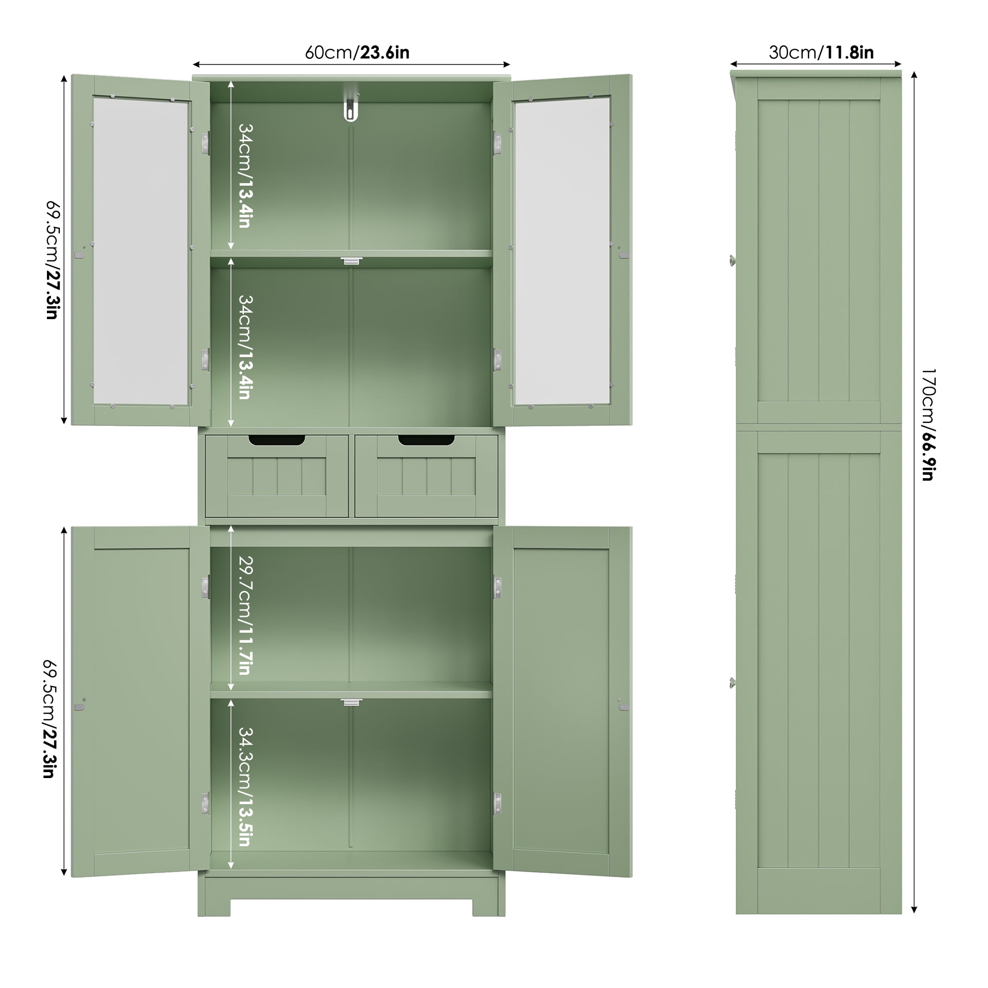 Homfa Bathroom Cabinet, 3-Tier Wood Tall Linen Storage Cabinet with 2 Drawers and 4 Doors for Living Room Office, Green