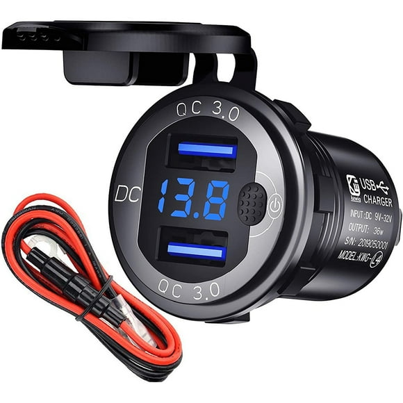 12 V USB Socket Car Charger with Switch, Car Charger Plug 24 V 12 Volt Quick Charge 3.0 Metal Waterproof Cigarette Lighter Adapter USB Socket for Motorcycle, Caravan, Boat, Truck