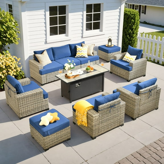 XIZZI 10 Pieces Wicker Patio Furniture Modular Patio Sectional Sofa Seating Set All-Weather Rattan Outdoor Conversation Set with Fire Pit Table for Backyard, Navy Blue